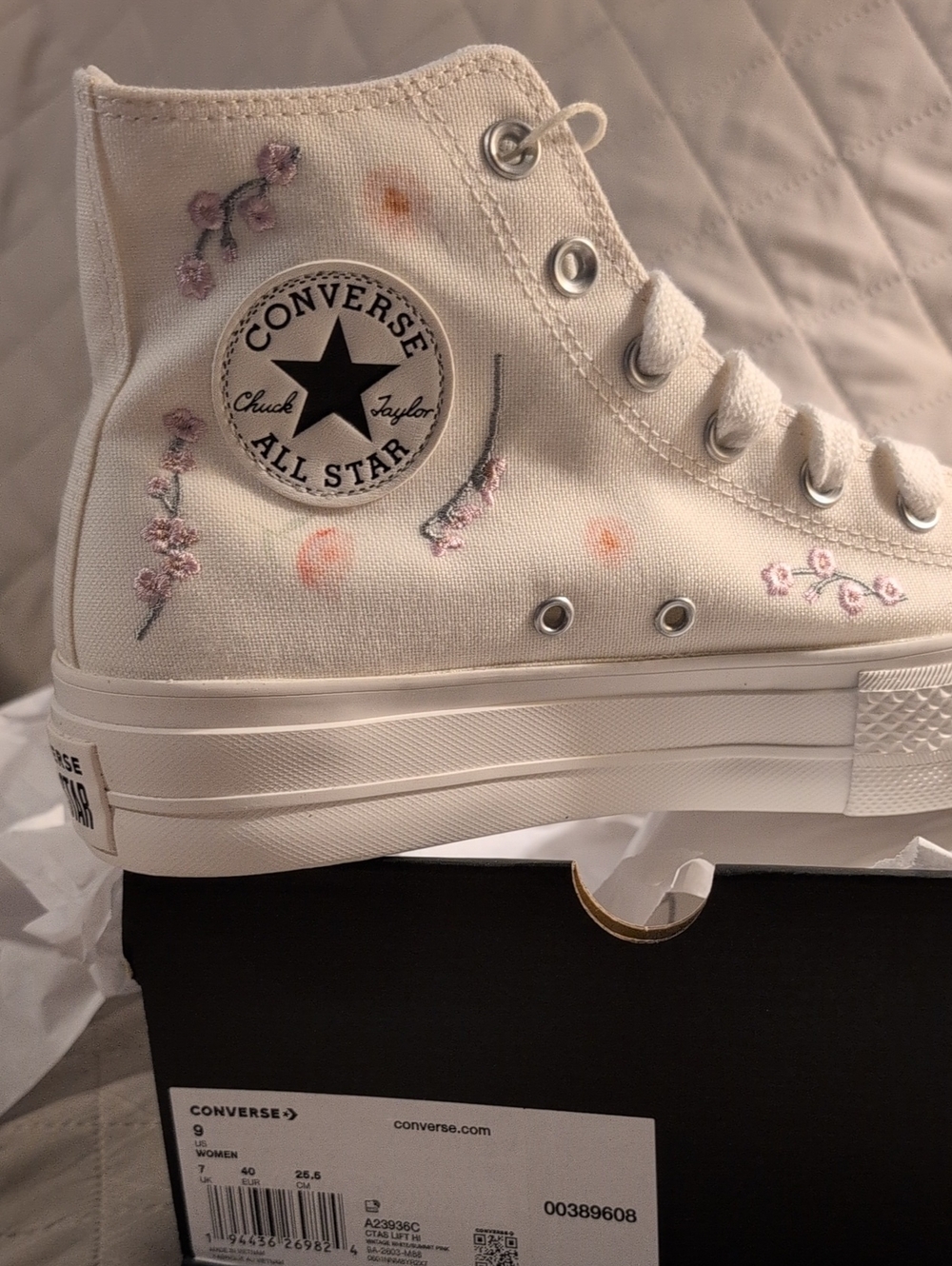 Converse High Top Sneakers in White with Pink Floral Embroidery